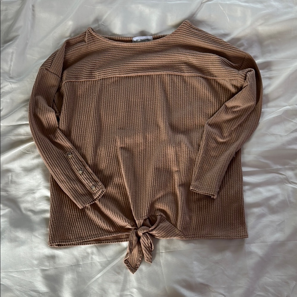 Tan 3/4 Sleeve Tie Front Blouse